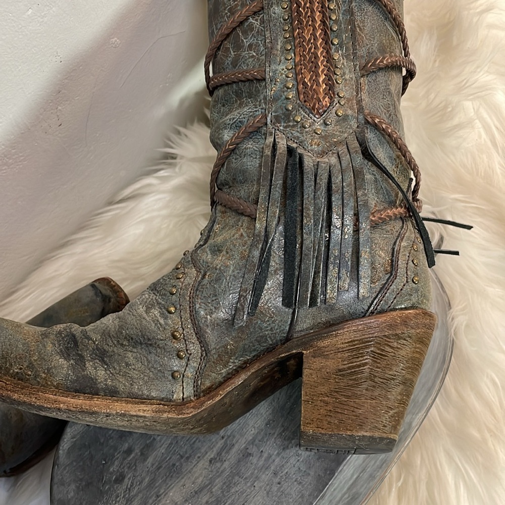 #0167 Corral Vintage Leather Snip Toe Cowboy Boot With Fringe-7.5 - Picture 10 of 15
